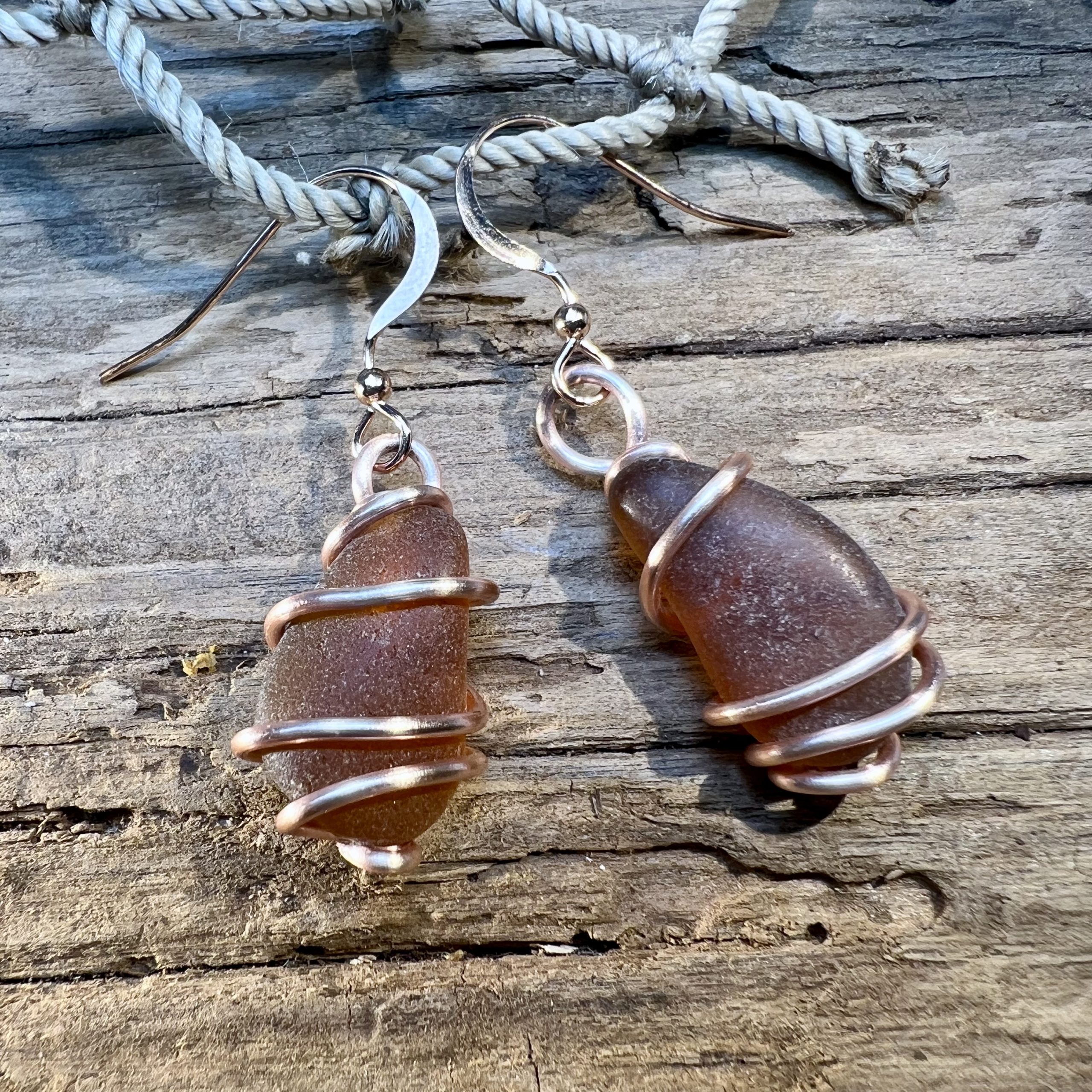 Amber Sea Glass in Rose Gold Hook Earrings