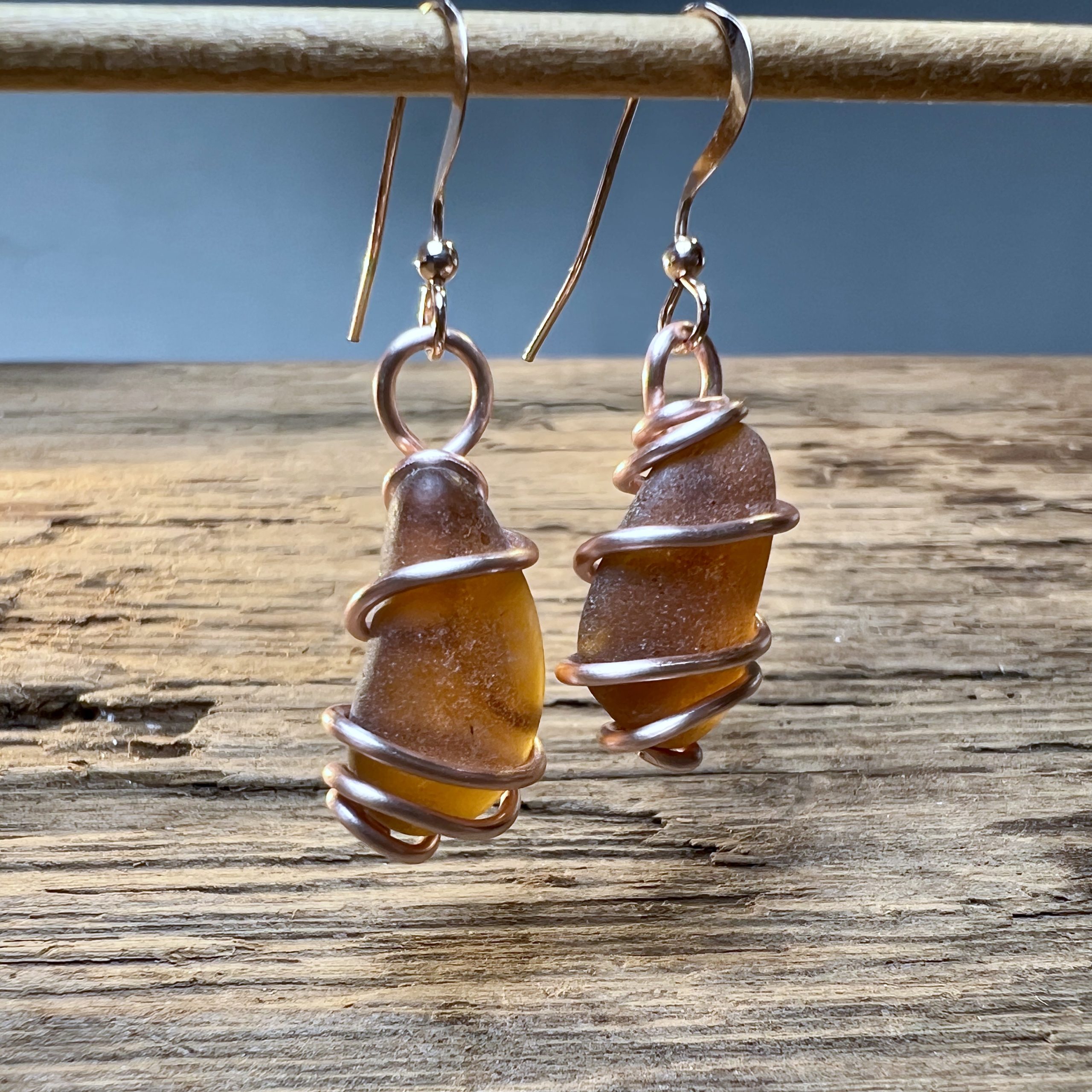 Amber Sea Glass in Rose Gold Hook Earrings - Image 3
