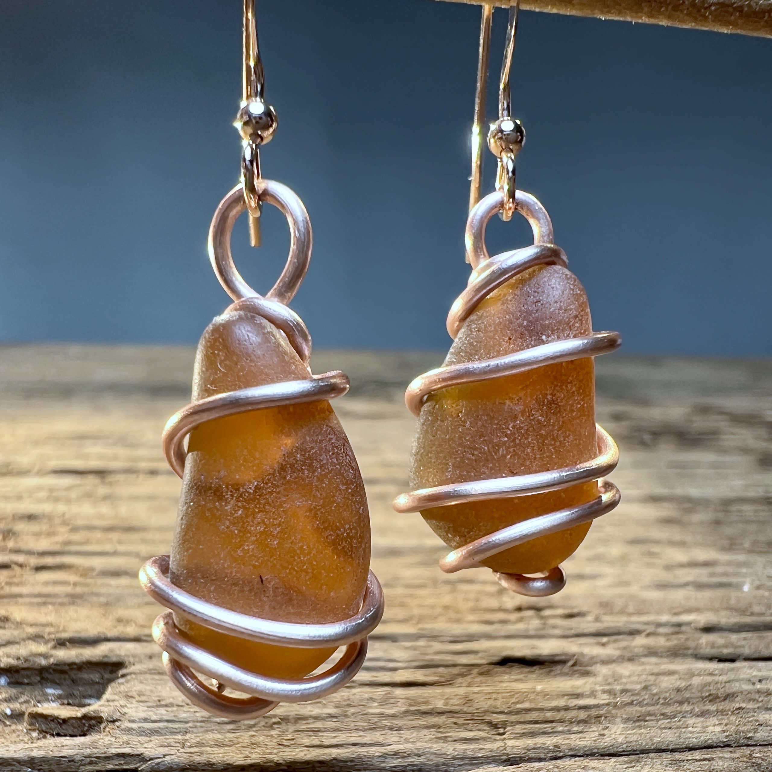 Amber Sea Glass in Rose Gold Hook Earrings - Image 2