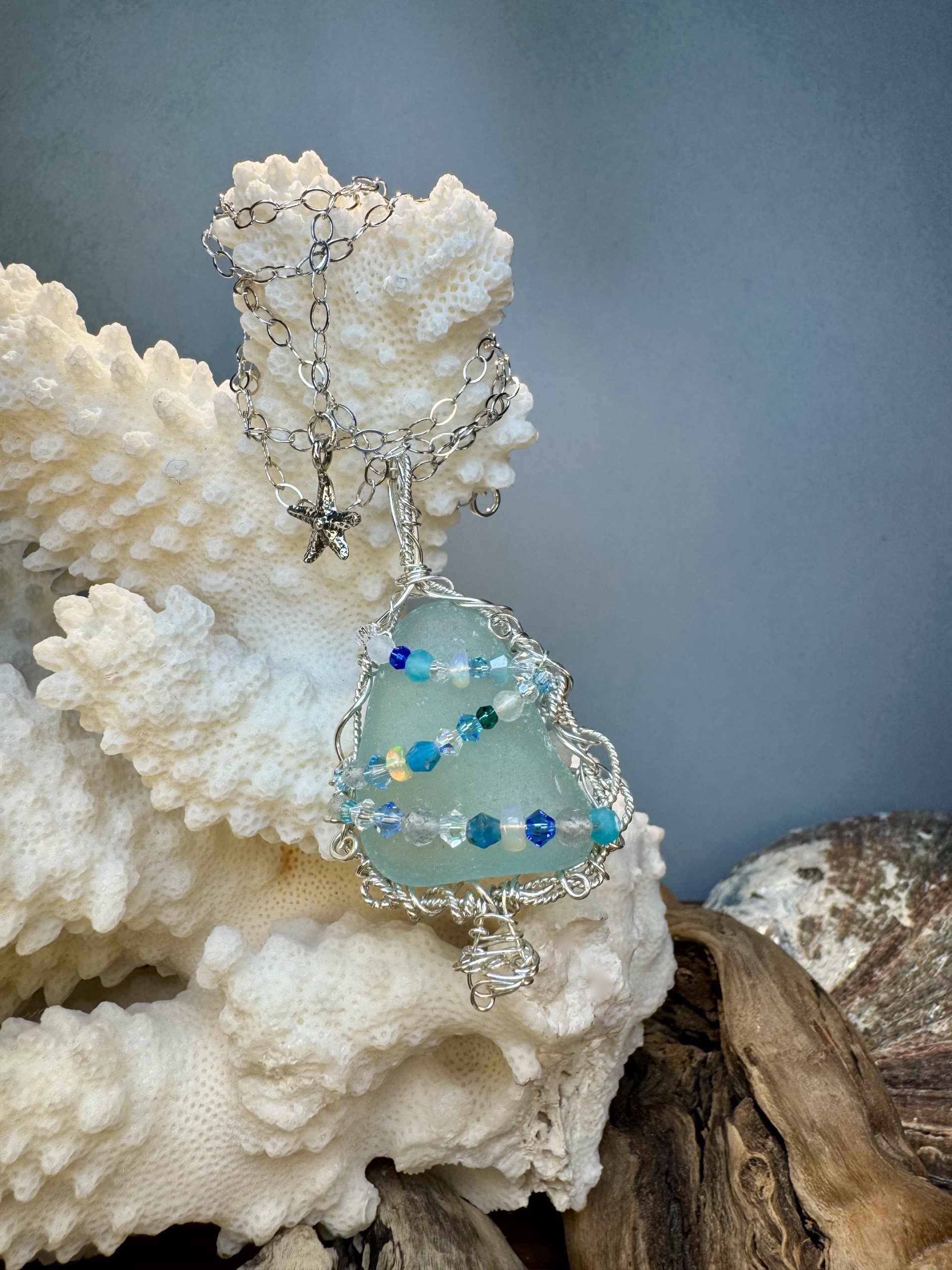 Pale Teal Blue Sea Glass Holiday Pendant