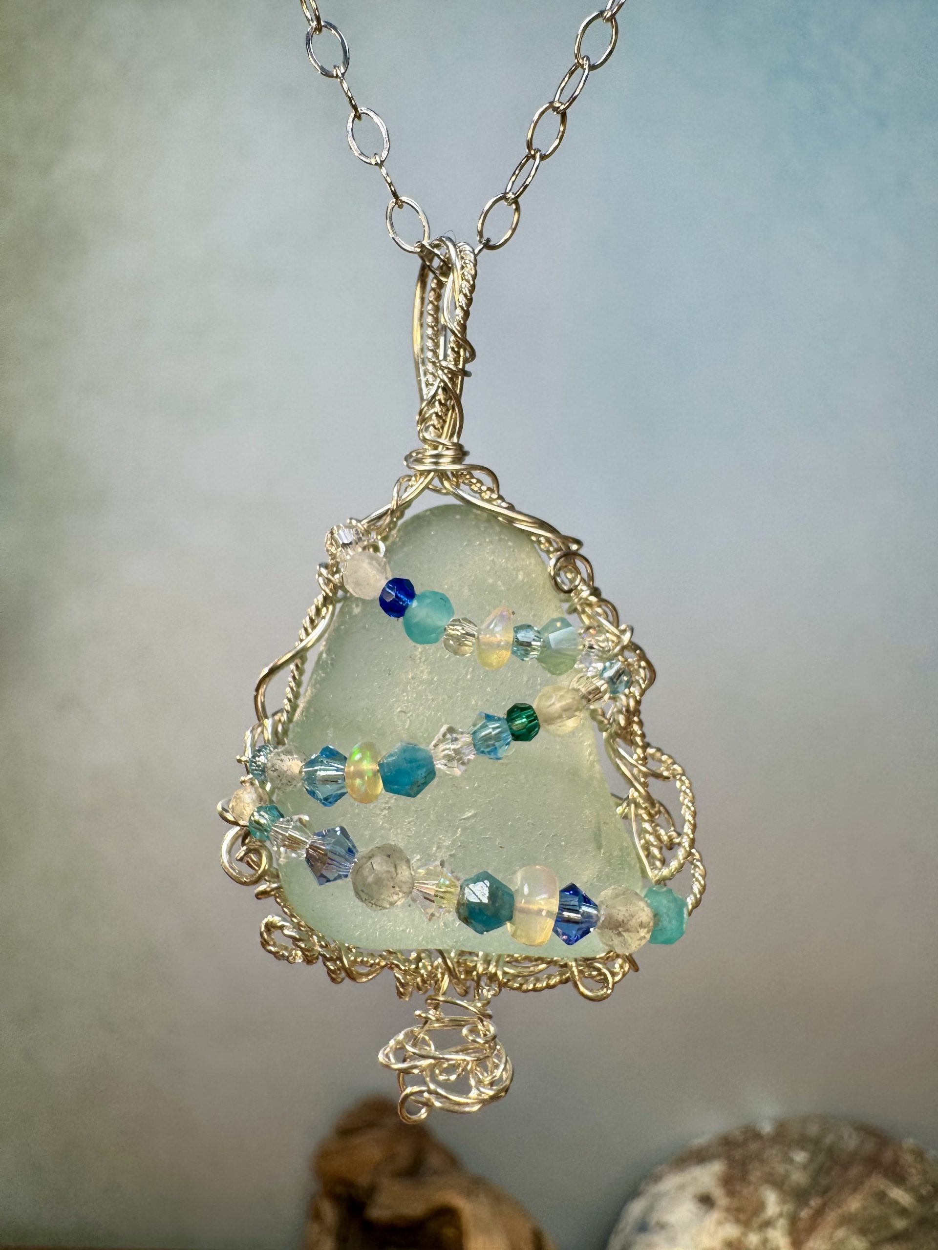 Pale Teal Blue Sea Glass Holiday Pendant - Image 5