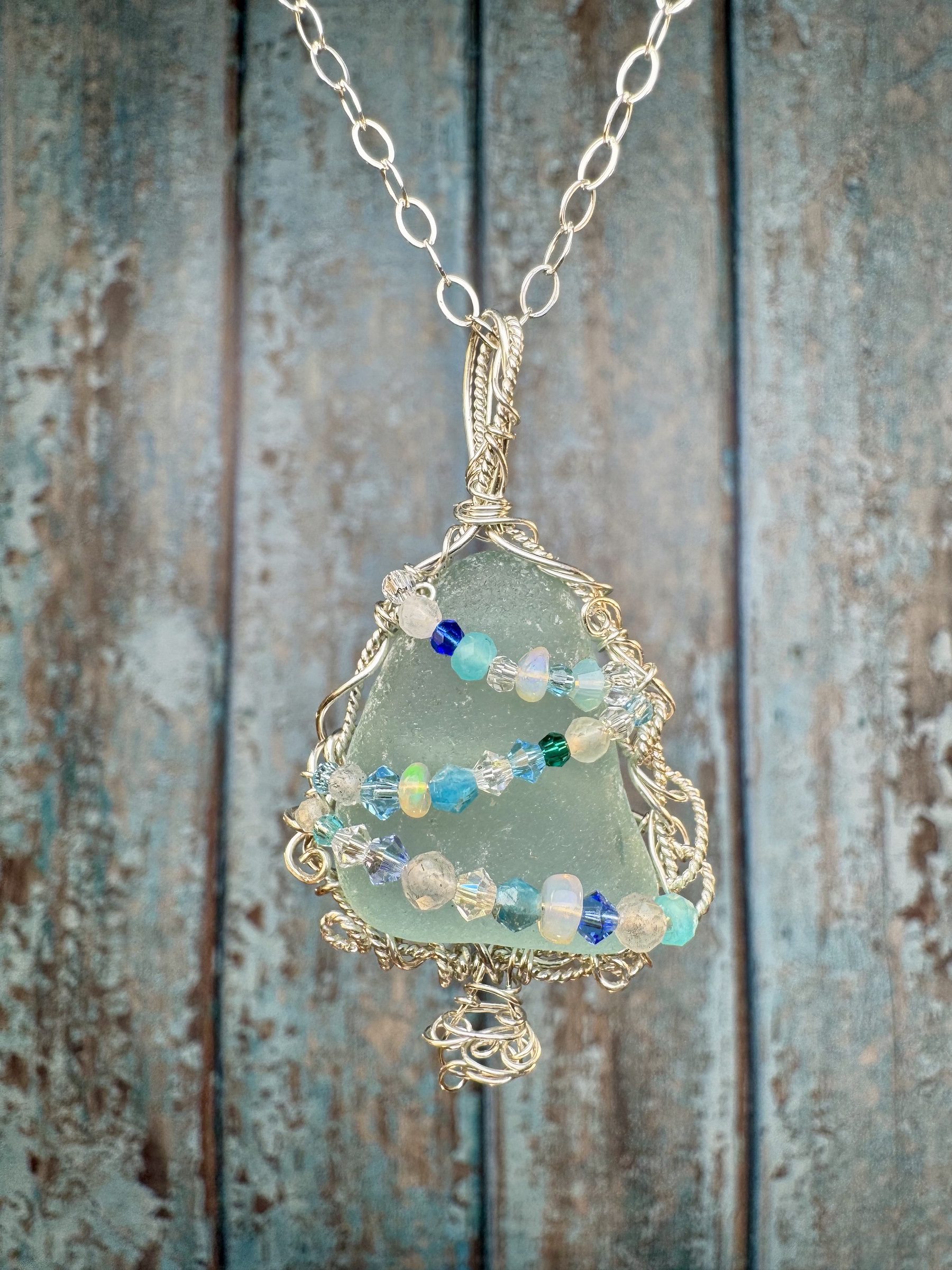 Pale Teal Blue Sea Glass Holiday Pendant - Image 4