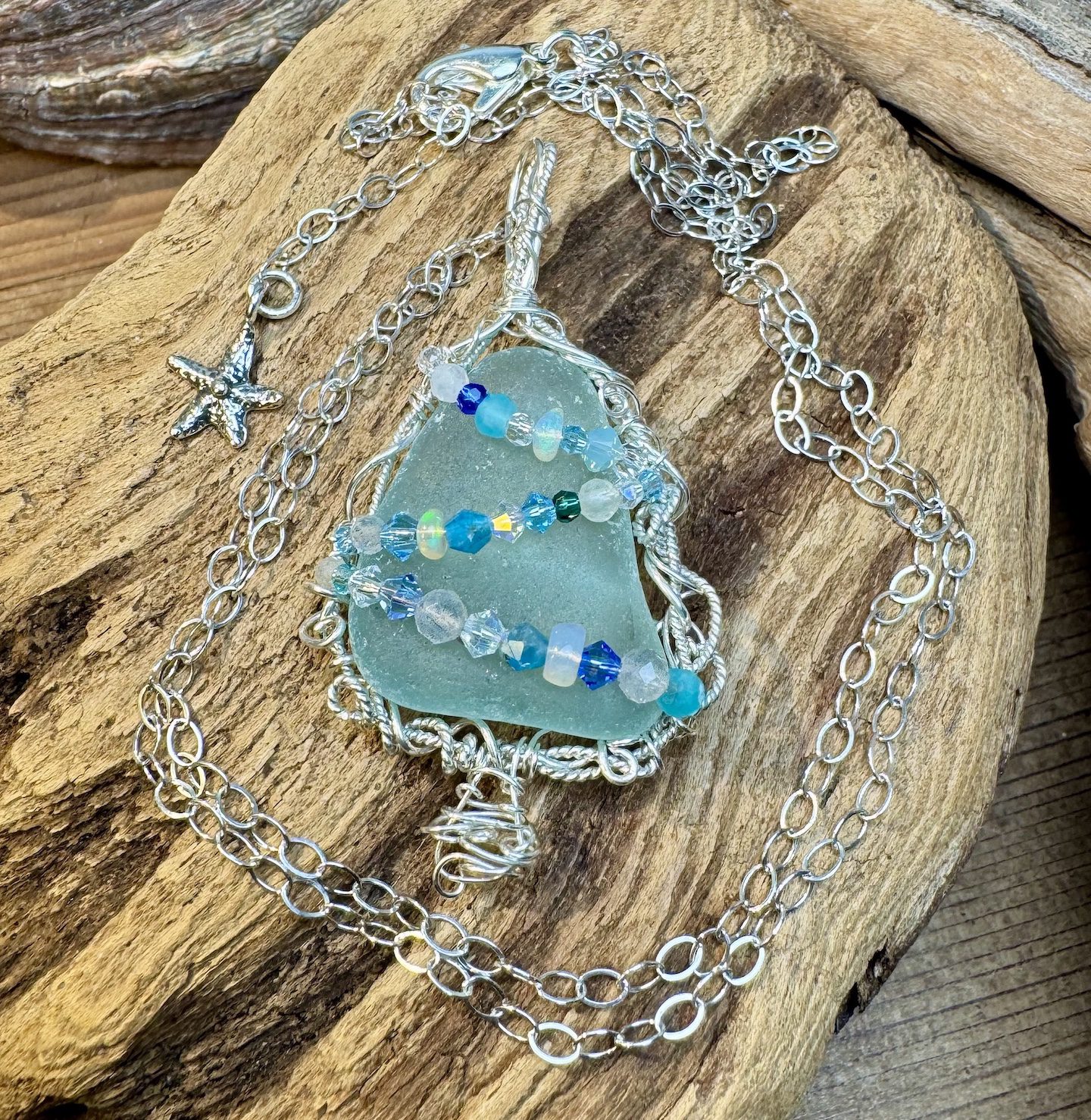 Pale Teal Blue Sea Glass Holiday Pendant - Image 2