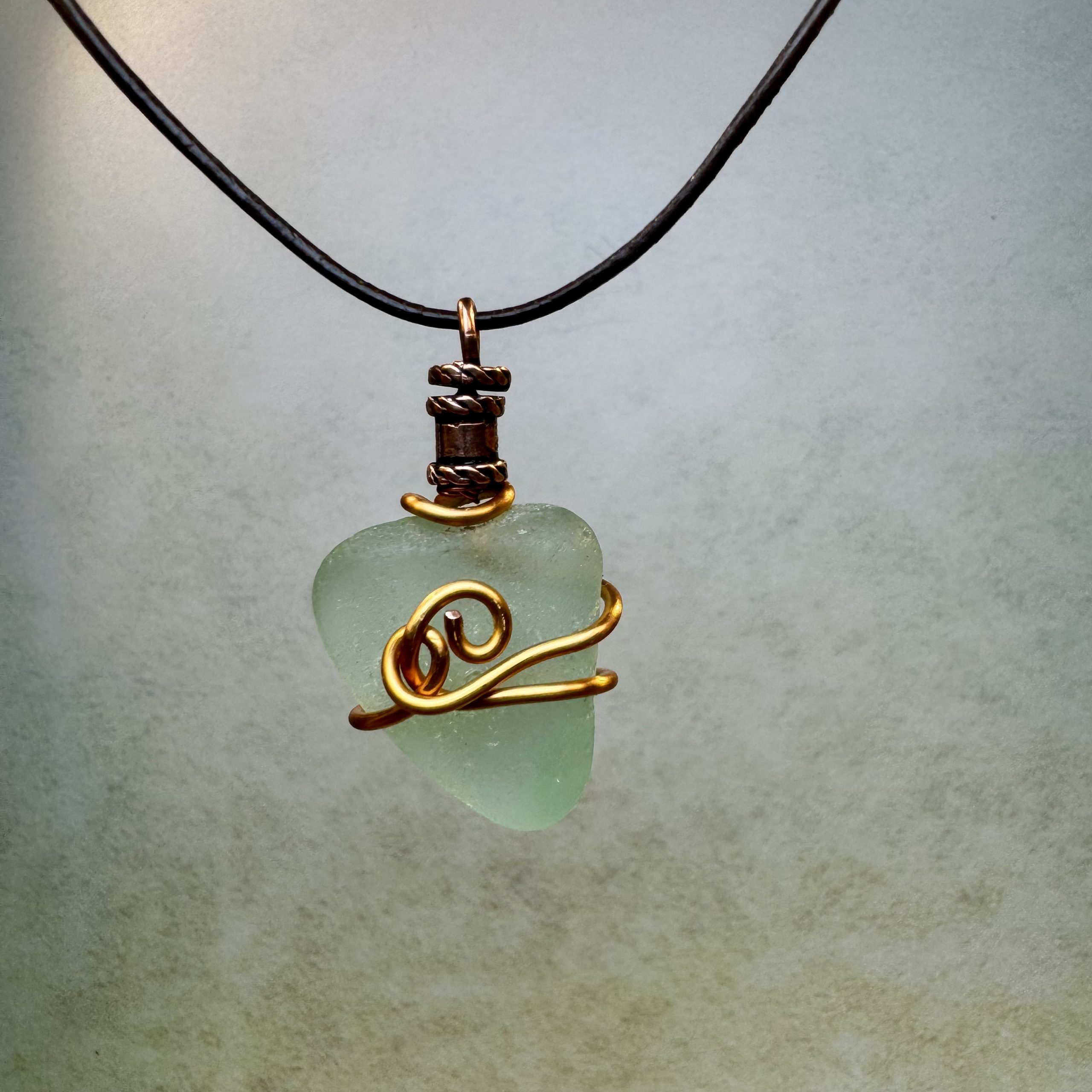 Light Teal Blue Sea Glass in Bronze Pendant - Image 2