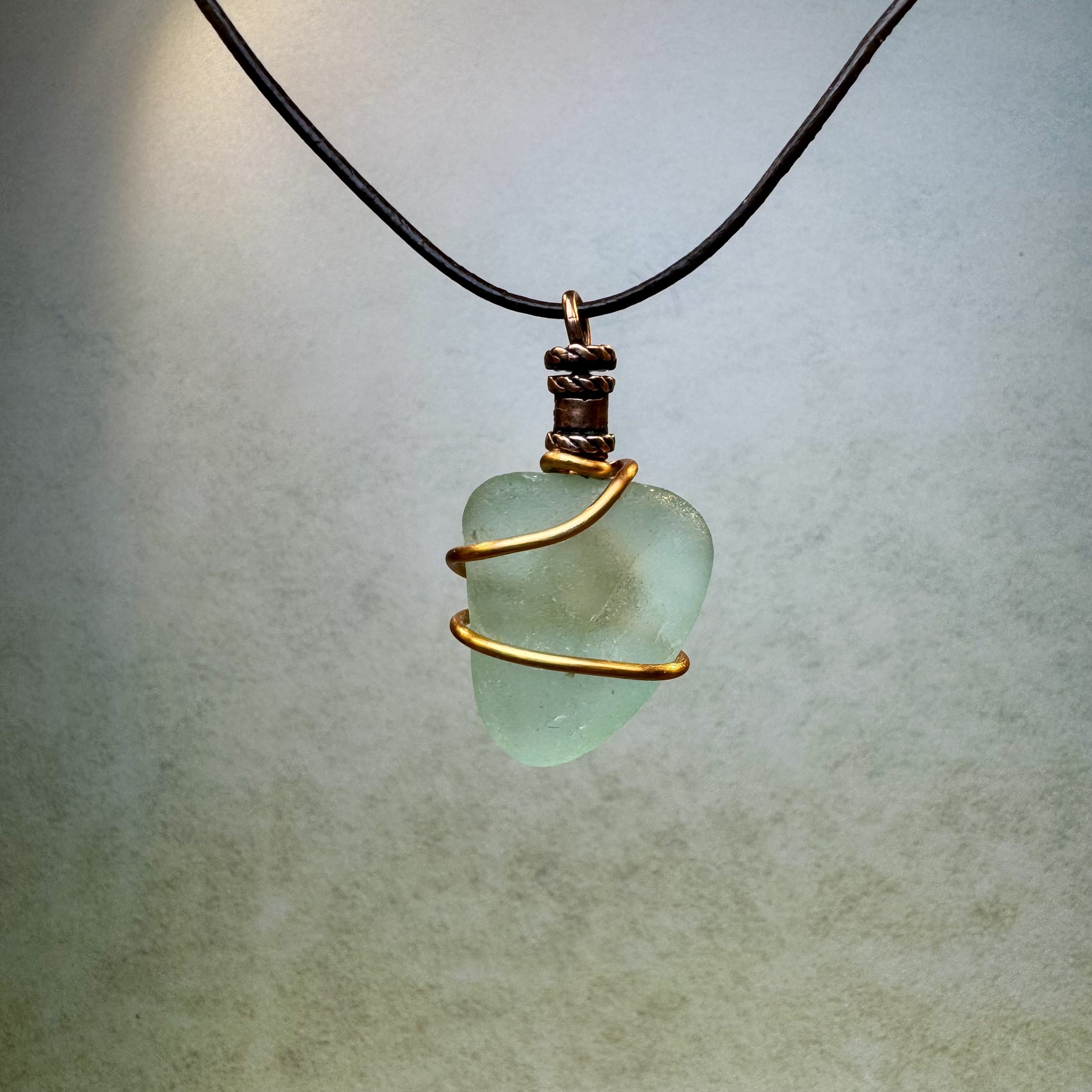 Light Teal Blue Sea Glass in Bronze Pendant - Image 3