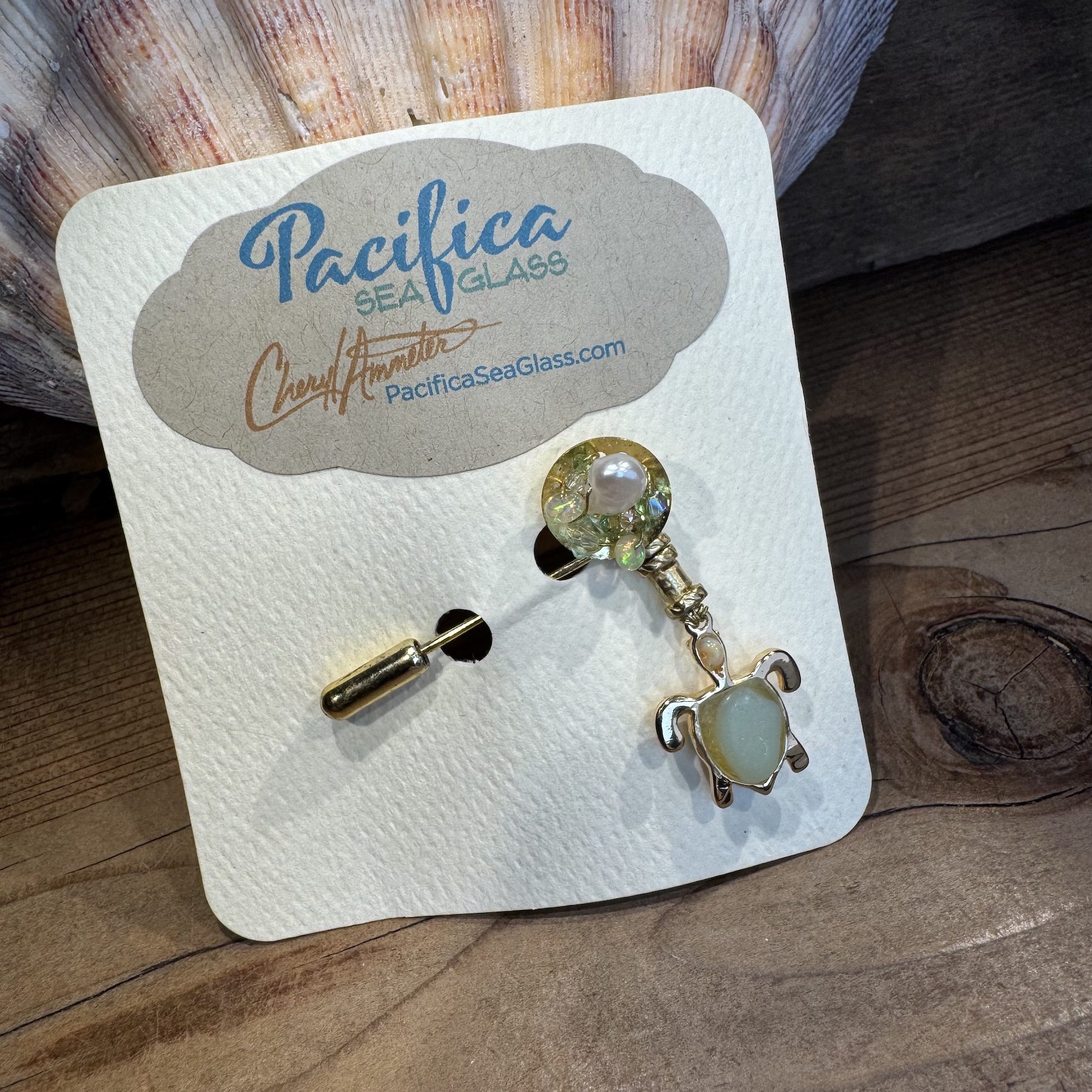 Opalescent Sea Glass & Bling Turtle Pin